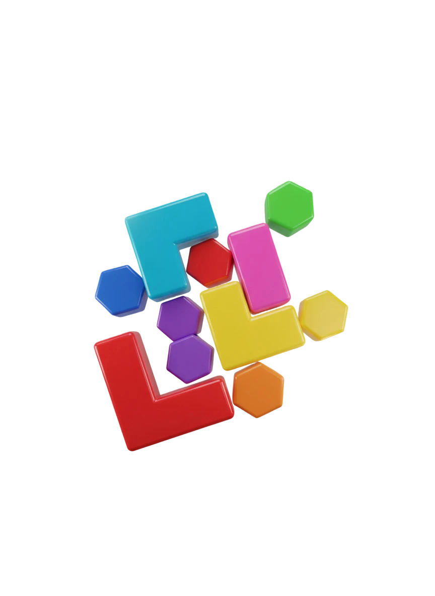 Colorful puzzle tiles combining into shapes